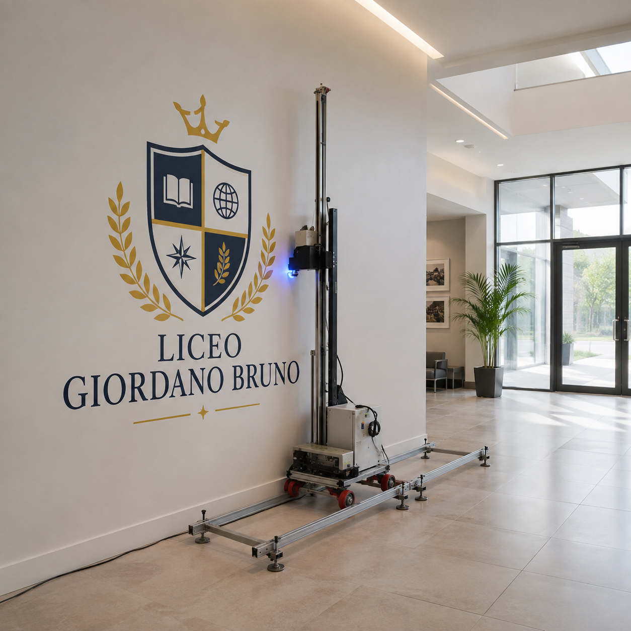 Stampante verticale su rail che stampa logo e nome di un liceo in una lobby