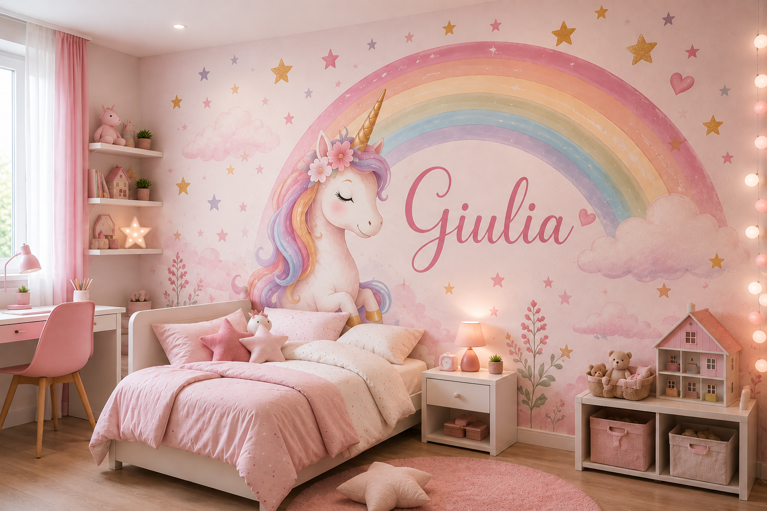 Cameretta personalizzata con murale unicorno, arcobaleno e nome Giulia